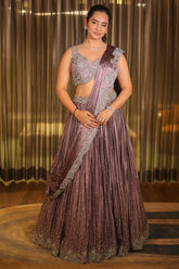 Mauve Chinon Silk Cutdana Sequin Work Lehenga with Attached Dupatta